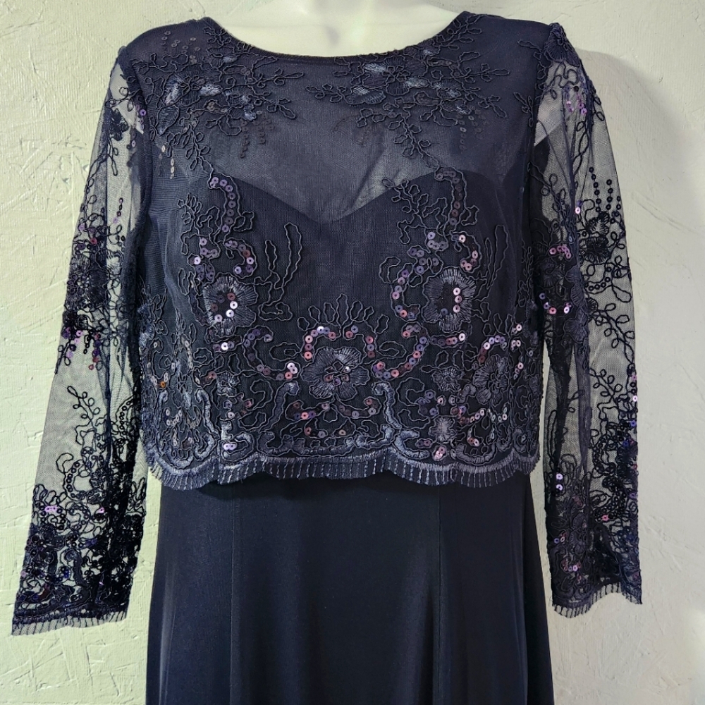 Cachet Navy Gown With Sheer Sequined Overlay - Size 6